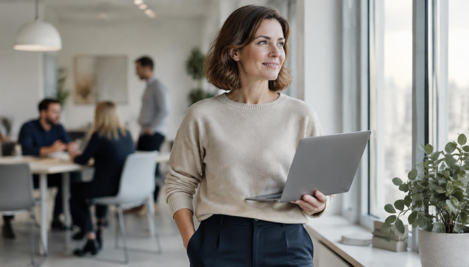 Kvinna med laptop vid fönstret på ett ljust kontor