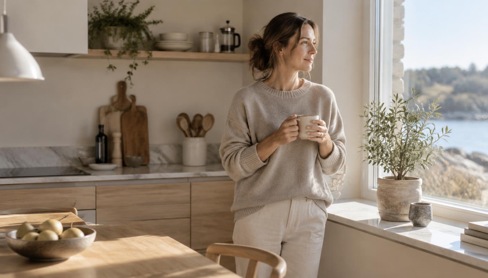 Kvinna med en kopp kaffe vid köksfönstret i morgonljus